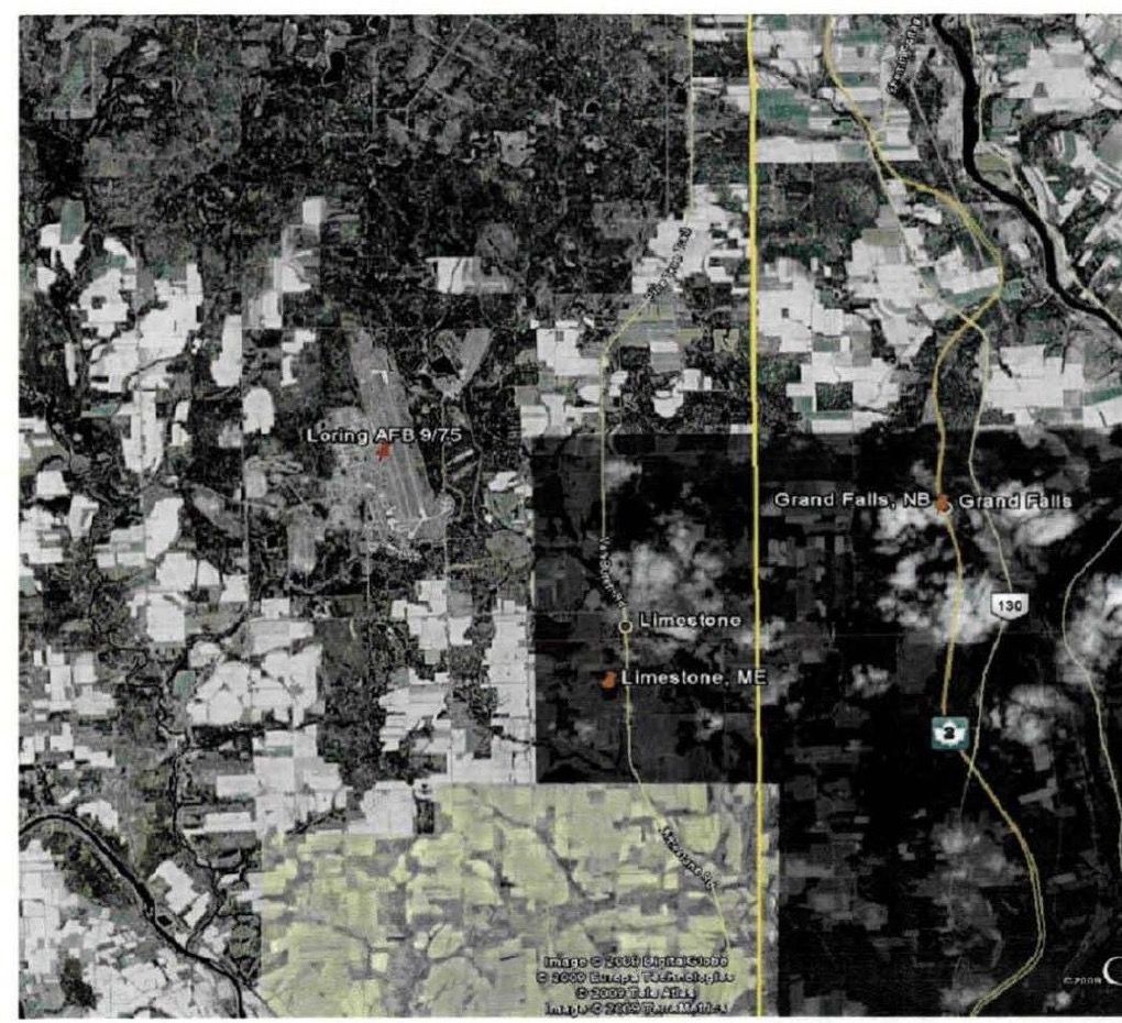 DOW-UAP-D170: Attachment 5, an aerial map of the Loring AFB area in northern Maine, labelled 'Loring AFB 9/75', with nearby Limestone, Maine and Grand Falls, New Brunswick across the Canadian border. Rotated upright.