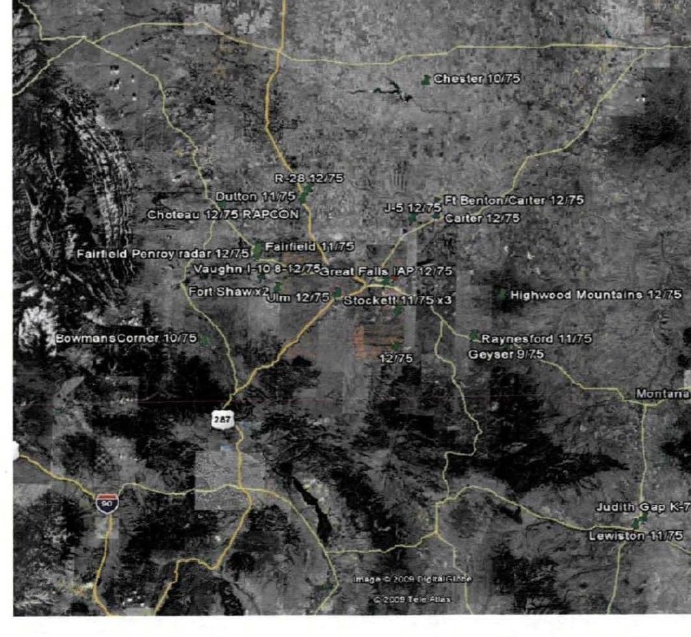 DOW-UAP-D170: Attachment 2, a Google Earth map of the Great Falls, Montana area around Malmstrom AFB plotting the 1975 events documented by a Cascade County deputy sheriff, with labels such as 'Chester 10/75', 'Fairfield Penroy radar 12/75', 'Great Falls IAP 12/75', 'Stockett 11/75 x3' and 'Geyser 9/75'. Rotated upright from a sideways page.