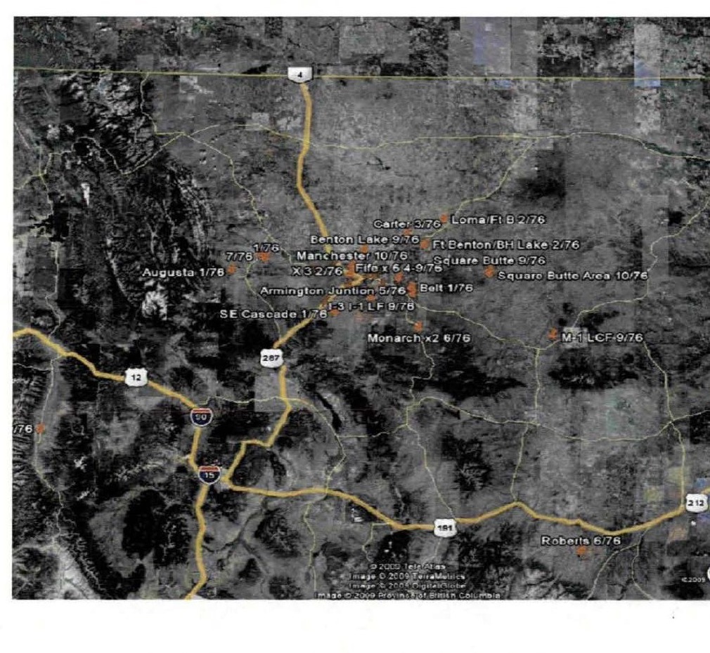 DOW-UAP-D170: Attachment 3, the companion map of the 1976 events around Malmstrom AFB and its missile fields, with labels such as 'Augusta 1/76', 'Fife x 6 4-9/76', 'Square Butte 9/76', 'Monarch x2 6/76' and 'M-1 LCF 9/76' (a launch control facility). Rotated upright.