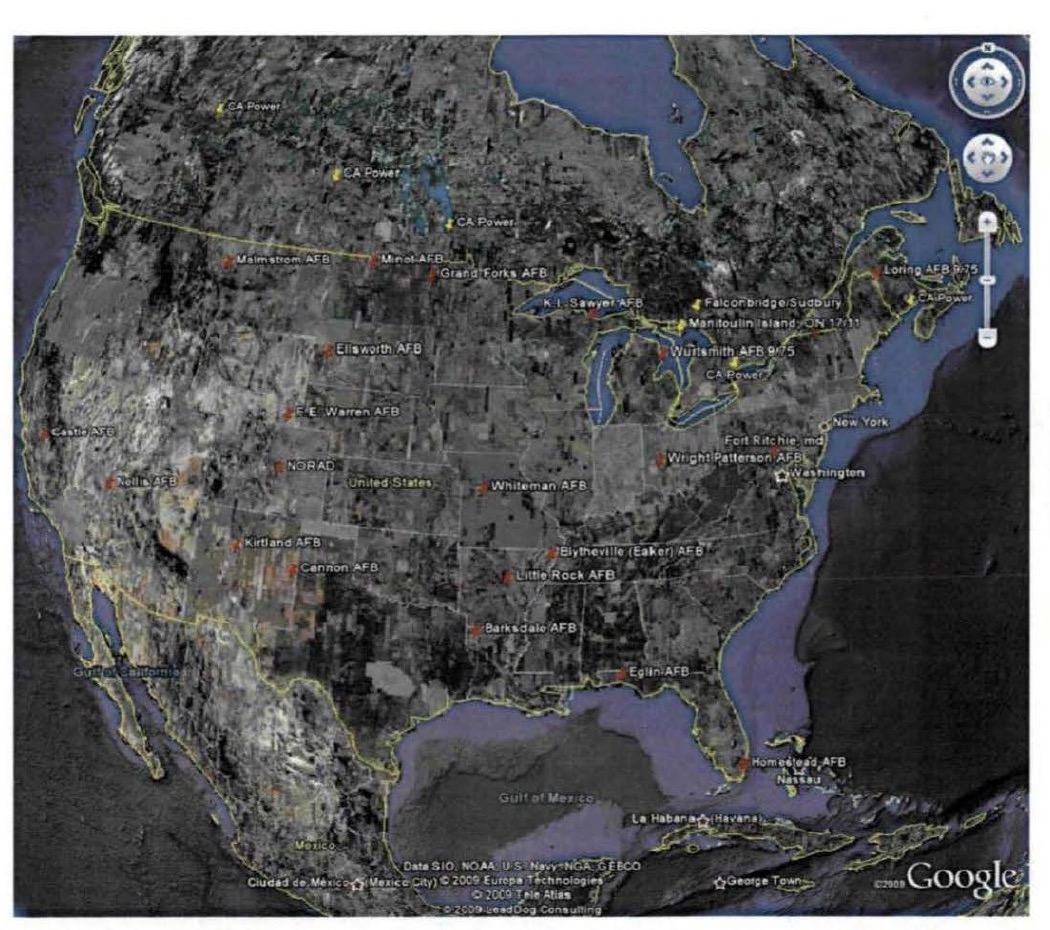 DOW-UAP-D170: Attachment 1 of BAASS's April 2009 Project Northern Tier initial analysis, a Google Earth map of North America marking U.S. Air Force bases (Malmstrom, Minot, Wurtsmith 9/75, Loring 9/75 and others), NORAD, Canadian sites such as Falconbridge/Sudbury and Manitoulin Island, and several Canadian power facilities labelled 'CA Power'. The page was printed sideways and has been rotated upright.