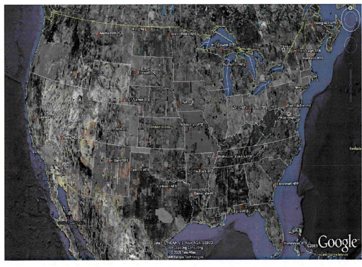 DOW-UAP-D170: Attachment 6, a Google Earth map of the contiguous United States showing major USAF installations that the report describes as nuclear-armed units, command-and-control sites or 'safe haven' locations in 1975, among them Malmstrom, Minot, Offutt, Plattsburgh, Loring and NORAD, plus Brunswick NAS and Savannah NPP. Rotated upright.