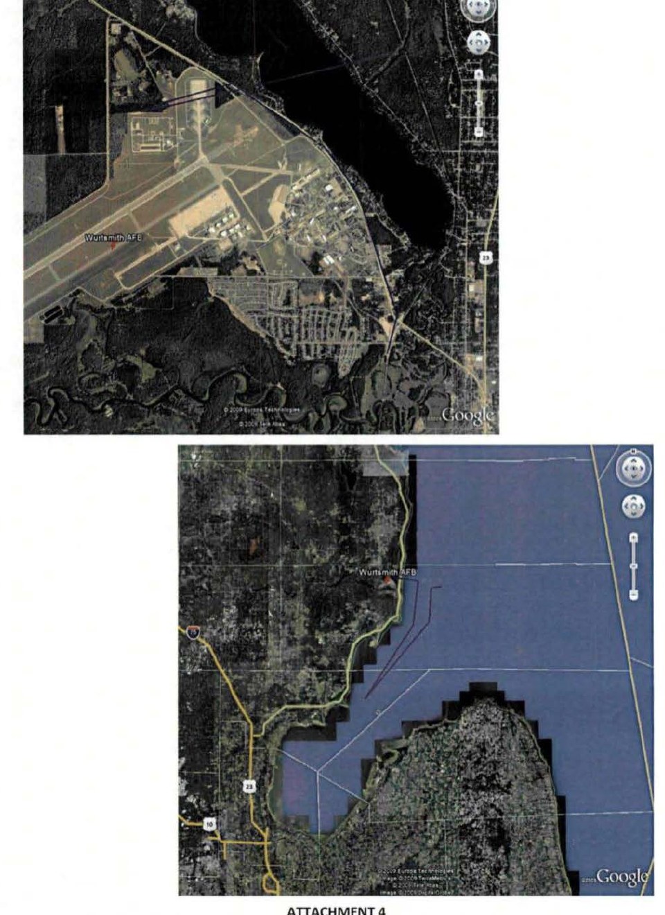 DOW-UAP-D170: Attachment 4, two Google Earth images of Wurtsmith AFB, Oscoda, Michigan, which the report says 'illustrate the path of the UAP, per the ground and aerial observations' on 30 October 1975: a drawn line along the base perimeter, and a wider view with lines running from the base over Lake Huron toward the Saginaw Bay area.