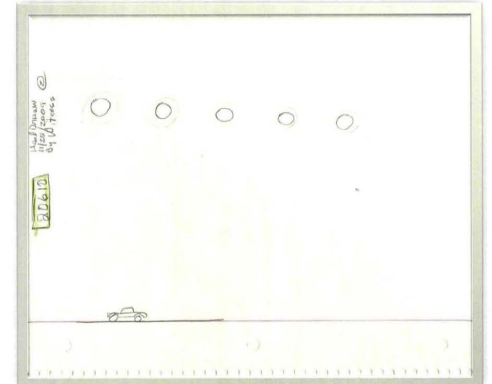 DOW-UAP-D173: Figure 7, hand drawing by the witness in MUFON case 20610 (Hico, Texas, sighting of 18 November 2009): five round lights in a row above a pickup truck on the horizon. The investigator's caption reads: "No proof here of an object."