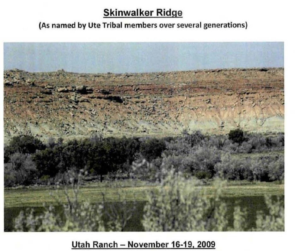DOW-UAP-D173: title photograph of BAASS's November 16-19, 2009 field investigation around the Utah ranch, captioned "Skinwalker Ridge (As named by Ute Tribal members over several generations)": a layered mesa above trees and a pasture.