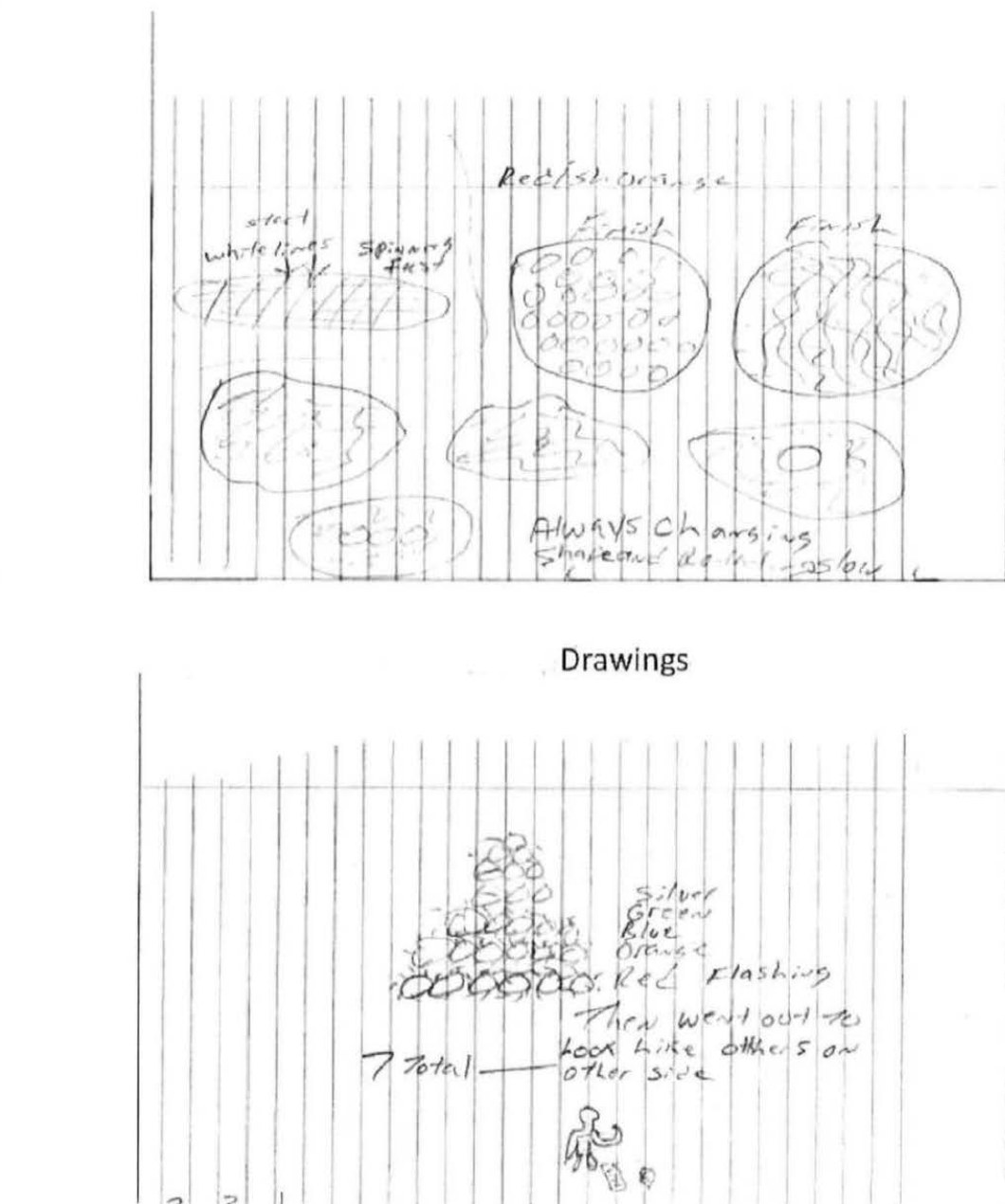 DOW-UAP-D173: hand drawings on lined paper from MUFON case 20143, Versailles, Missouri (25 October 2009). They show spinning reddish-orange lights described as "Always changing shape" and an upright triangle of silver, green, blue, orange and red flashing lights, with a small standing figure sketched below.