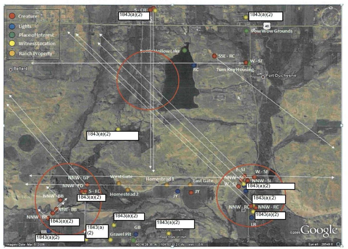 DOW-UAP-D174: BAASS Google Earth map titled "Map of Creature Sightings from Approximately Three-Mile Radius around the Ranch" (April 2010 report), with a legend for creatures (red), lights (blue), places of interest (green), witness locations (yellow) and ranch property (orange). White lines extrapolate each creature's last reported direction of travel; the three red circles mark where those lines intersect, one west of the ranch and two near Bottle Hollow reservoir. Witness labels are redacted.