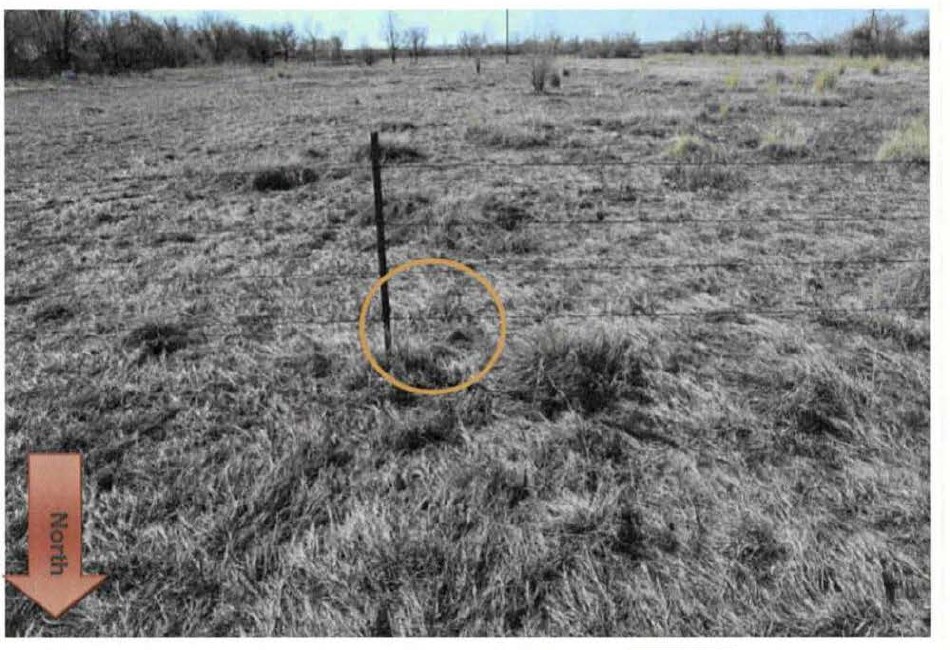 DOW-UAP-D174, Figure 1: "Hair Sample from reported 'Skinwalker' sighting on [redacted] property". A barbed-wire fence post in dry grass, with an orange circle marking where the hair was found and a "North" arrow, photographed during the March 2010 deployment. The lab results later in the report identify the fence hairs as canine.