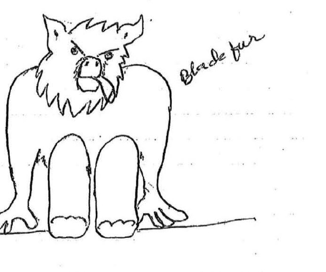 DOW-UAP-D174, Figure 8: "Dog-like creature" drawn by the same witness on April 21, 2010, annotated by hand "Black fur". The report says the creature had a fur-covered, pig-like snout, was the size of a "big man" and sat staring at him.