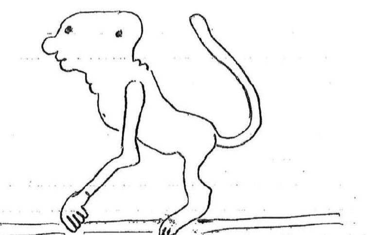DOW-UAP-D174, Figure 7: pen drawing made by a local witness (name redacted) for BAASS investigators on April 21, 2010, of a creature he called a "shape shifter", which he said he and his grandson saw a few years earlier: pale, furless, hunched, running on its hands "in a chimpanzee-like manner".