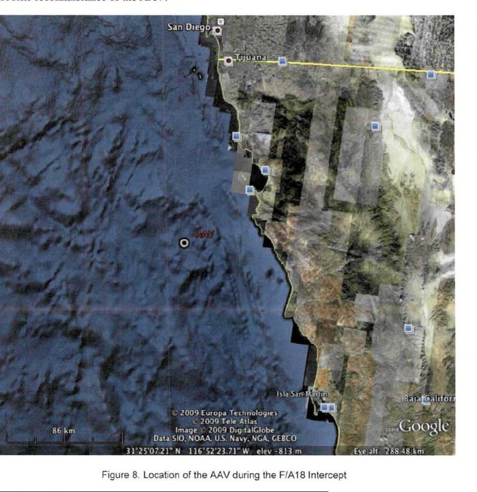 DOW-UAP-D175: Google Earth map marking the AAV in the Pacific off Baja California, south of San Diego and Tijuana, during the 14 November 2004 intercept. Printed caption: "Figure 8. Location of the AAV during the F/A18 Intercept".