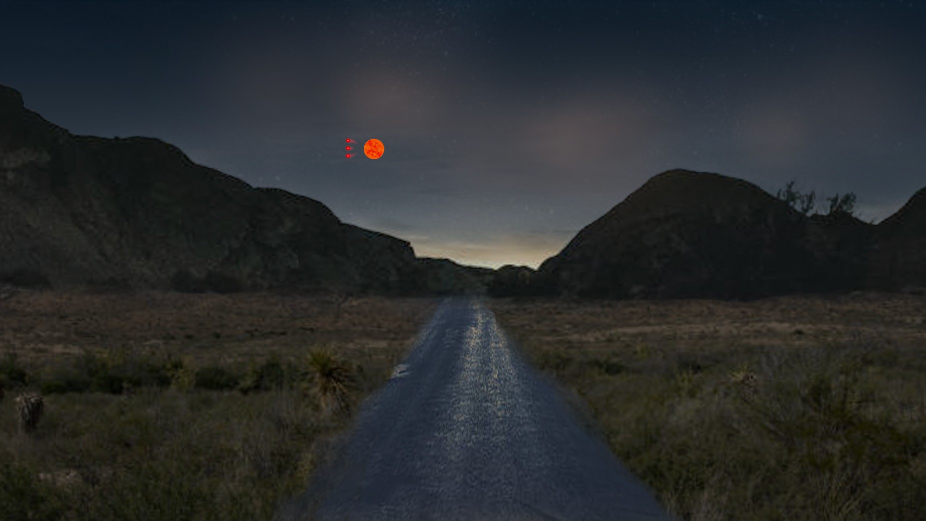 FBI digital rendering — Western United States Event, Narrative Statement 1-2 (Oct 2023): a road at night with an object in the sky.