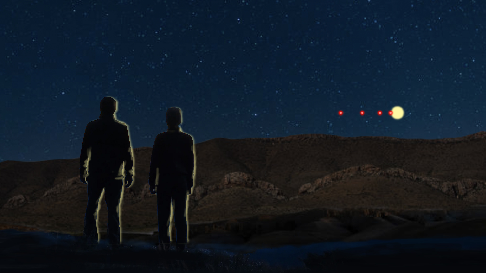 FBI digital rendering — Western United States Event, Narrative Statement 2-4 (Oct 2023): two figures watching objects in the sky.