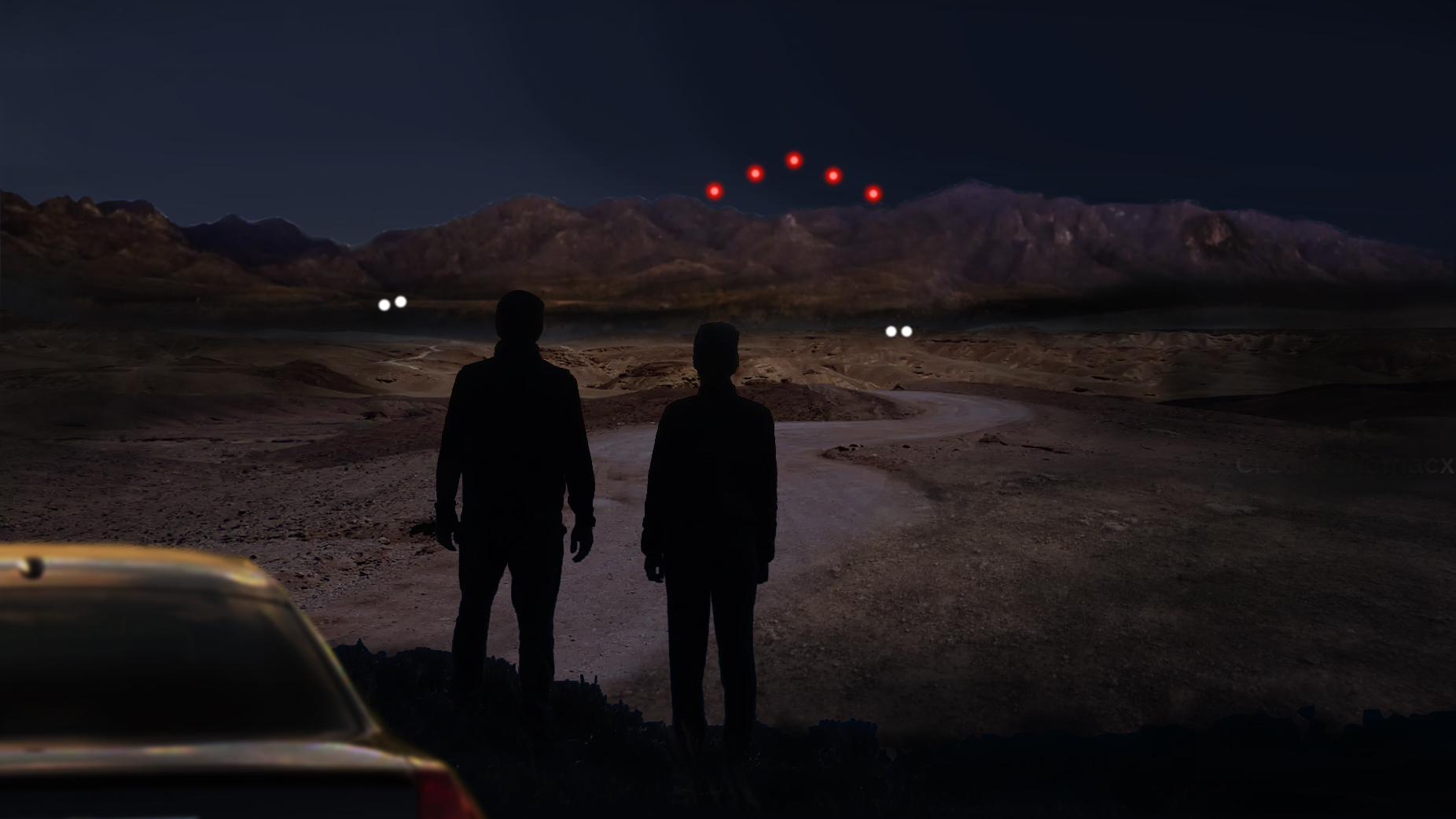 FBI digital rendering — Western United States Event, Narrative Statement 2-7 (Oct 2023): figures watching objects over a landscape.