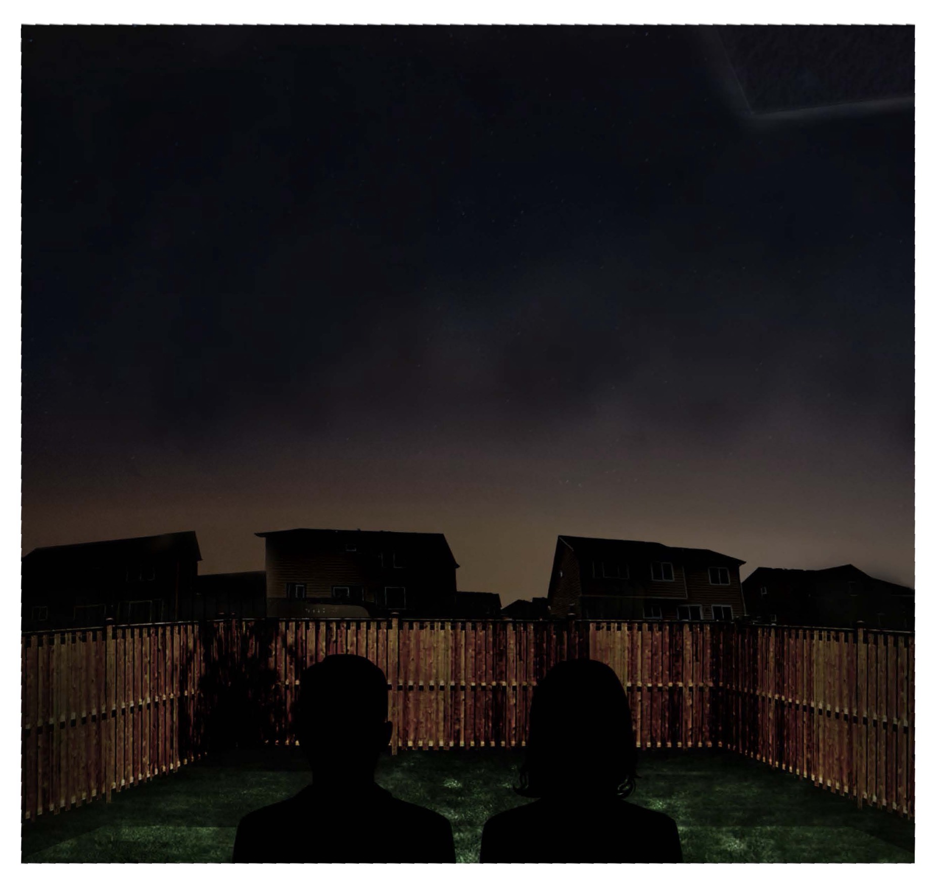 FBI digital rendering (2026) of two figures looking over a backyard fence at a dark object in the night sky, reconstructing an October 2023 sighting near Colorado Springs, Colorado, from the first-hand description in FBI-UAP-D026.