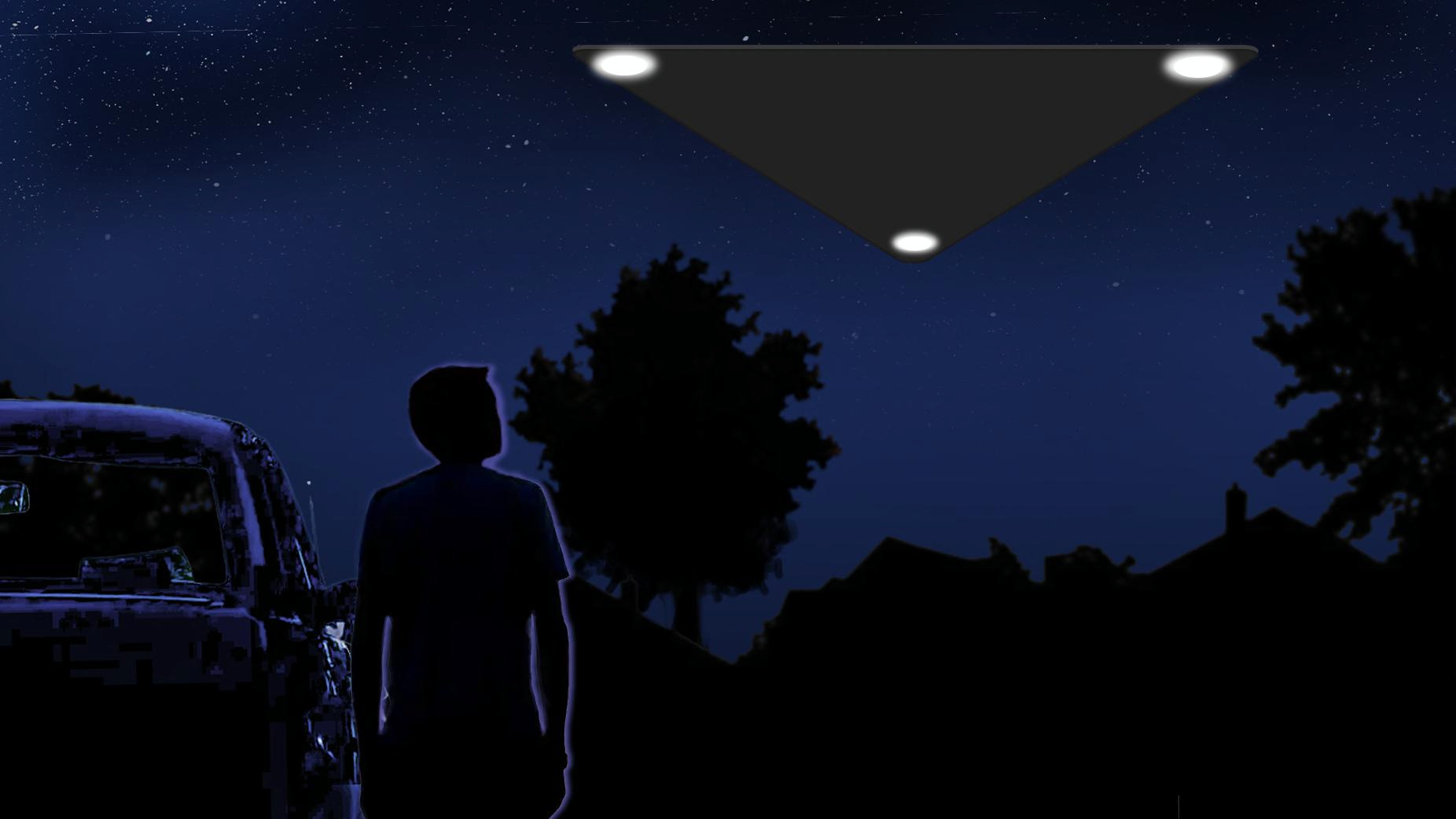FBI digital rendering (2026) of a person looking up at a dark, triangular object with three lights in the night sky, reconstructing a June or July 2011 sighting from the first-hand descriptions in FBI-UAP-D028.