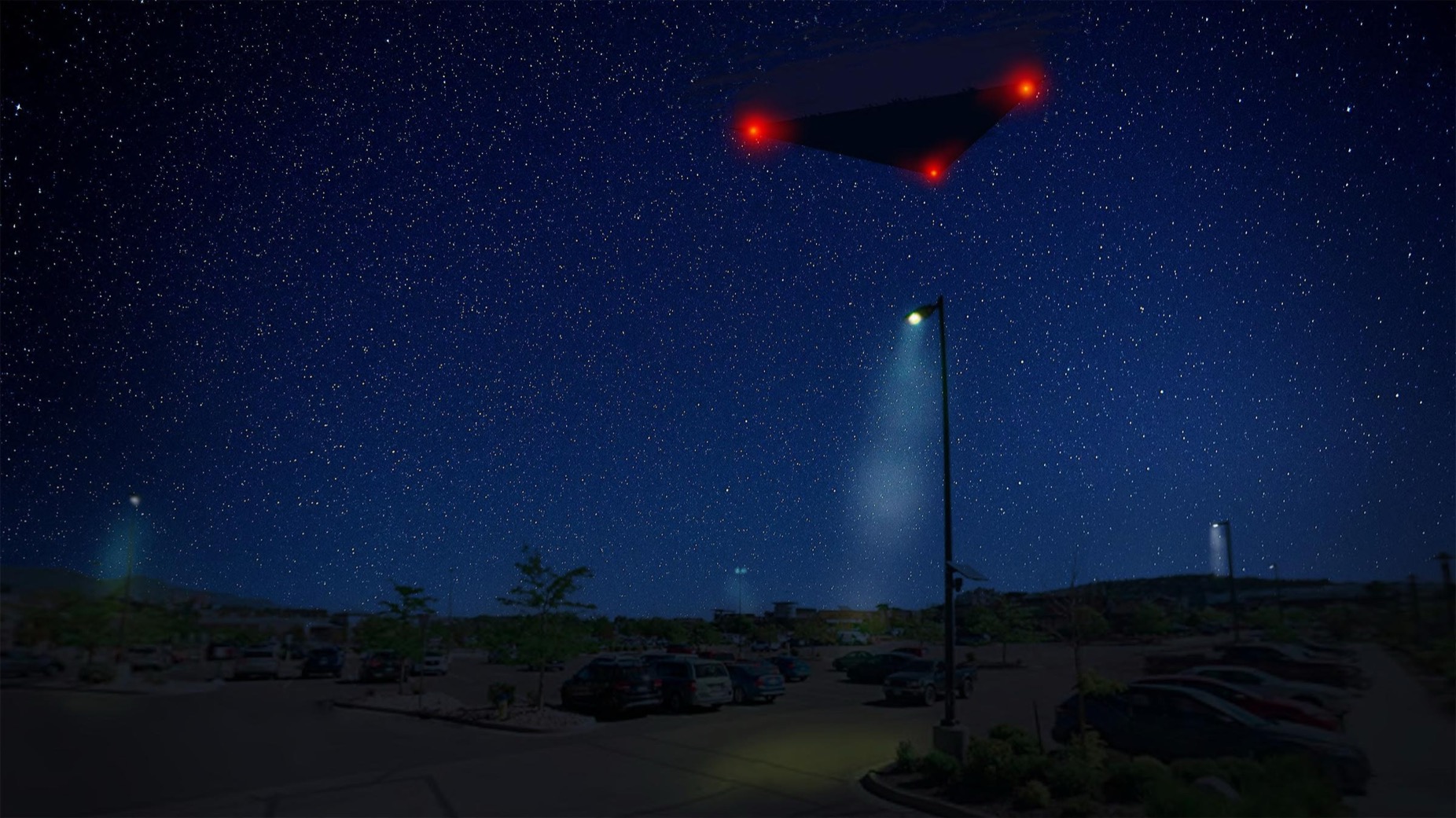 FBI digital rendering (2026) of a large, dark triangular object with red lights flying over a parking lot at night, reconstructing an October 2023 sighting near Colorado Springs, Colorado, from the first-hand description in FBI-UAP-D030.