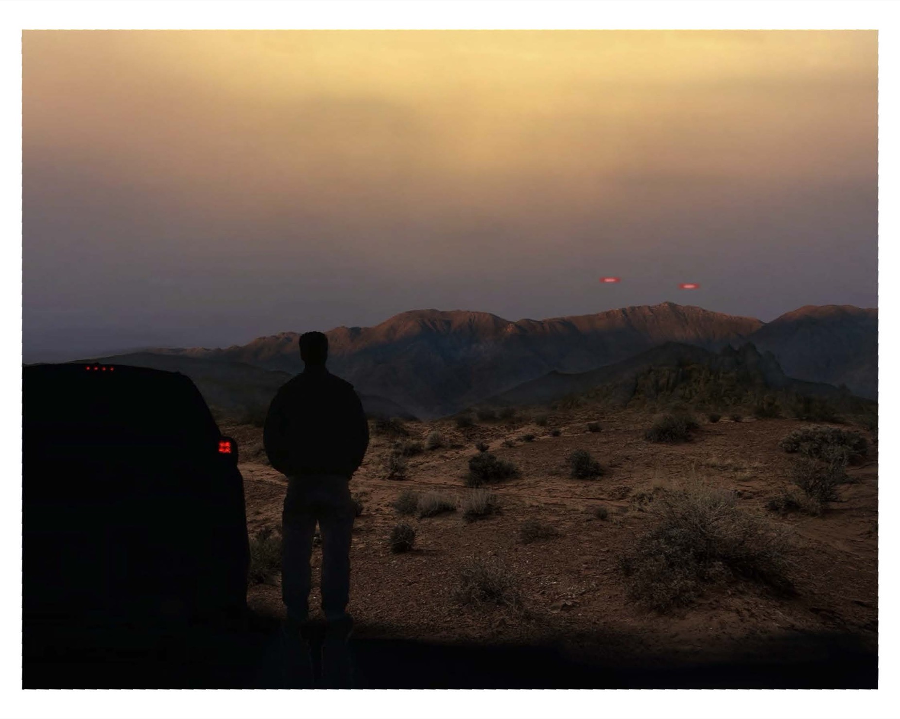 FBI digital rendering (2026) of a person standing next to a vehicle, looking at two red lights in the sky over a mountainous landscape in the western United States, from the first-hand description in FBI-UAP-D037.