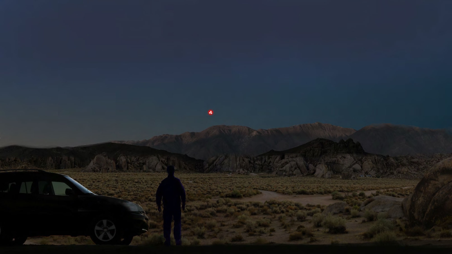 FBI digital rendering (2026) of a person standing in a desert landscape at night, with several red light sources visible in the sky, from the first-hand description in FBI-UAP-D040.