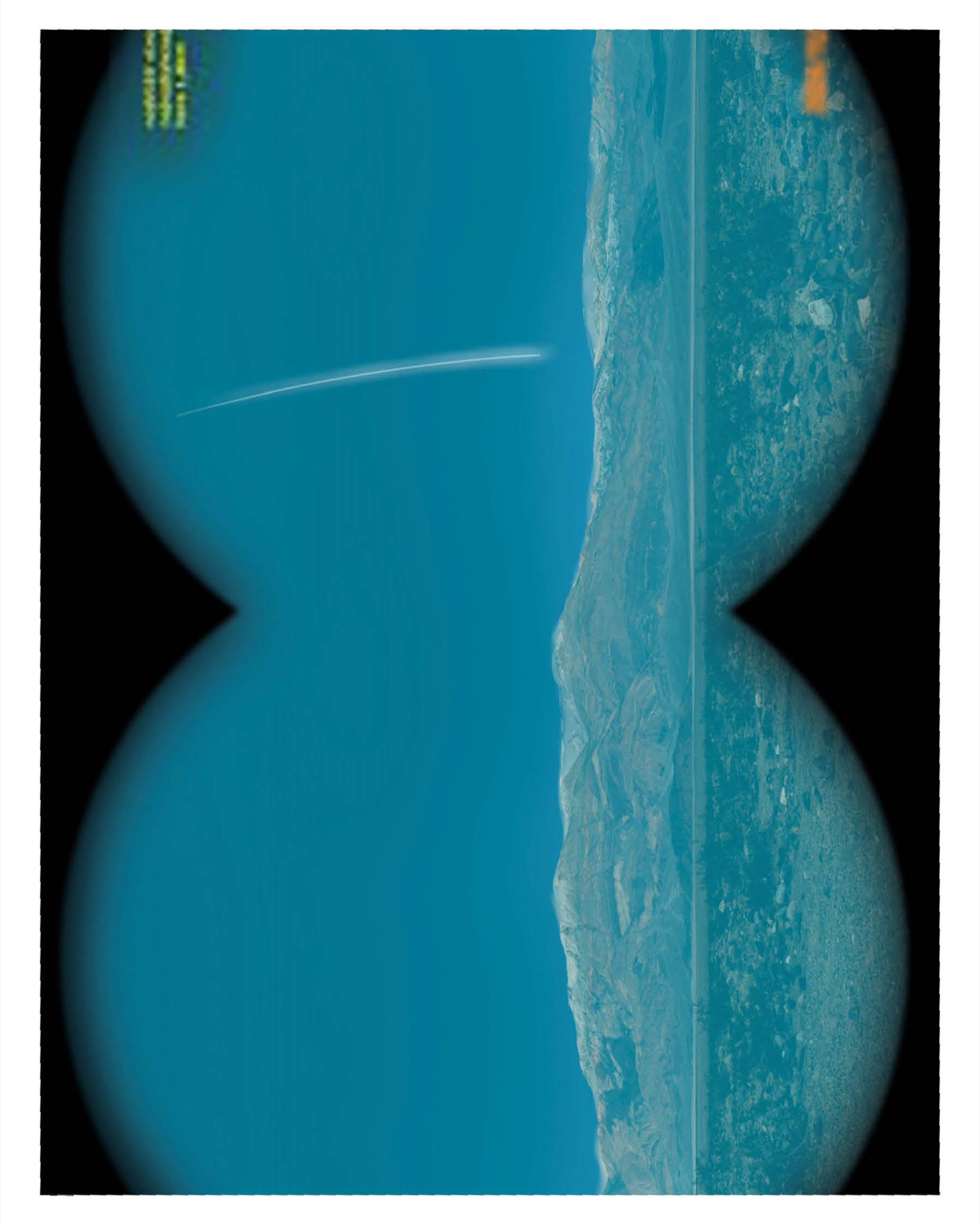 FBI digital rendering (2026) of a streak of light in the sky over a mountainous landscape, as viewed through binoculars, from the first-hand description in FBI-UAP-D040.