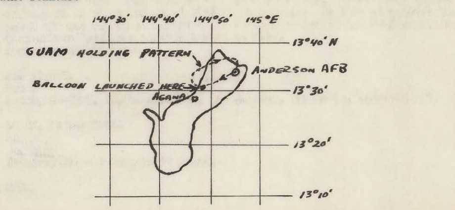 DOW-UAP-D156: hand-drawn sketch map of Guam included "for convenience in evaluating this report" in AIIR IR-7-57 (DI FEAF ATILO, 8 February 1957). On a grid of 144°30' to 145°E and 13°10' to 13°40'N it marks the "Guam Holding Pattern" flown by the F-86D, "Balloon Launched Here", Agana and "Anderson AFB", for the blinking-light sighting of 31 December 1956.