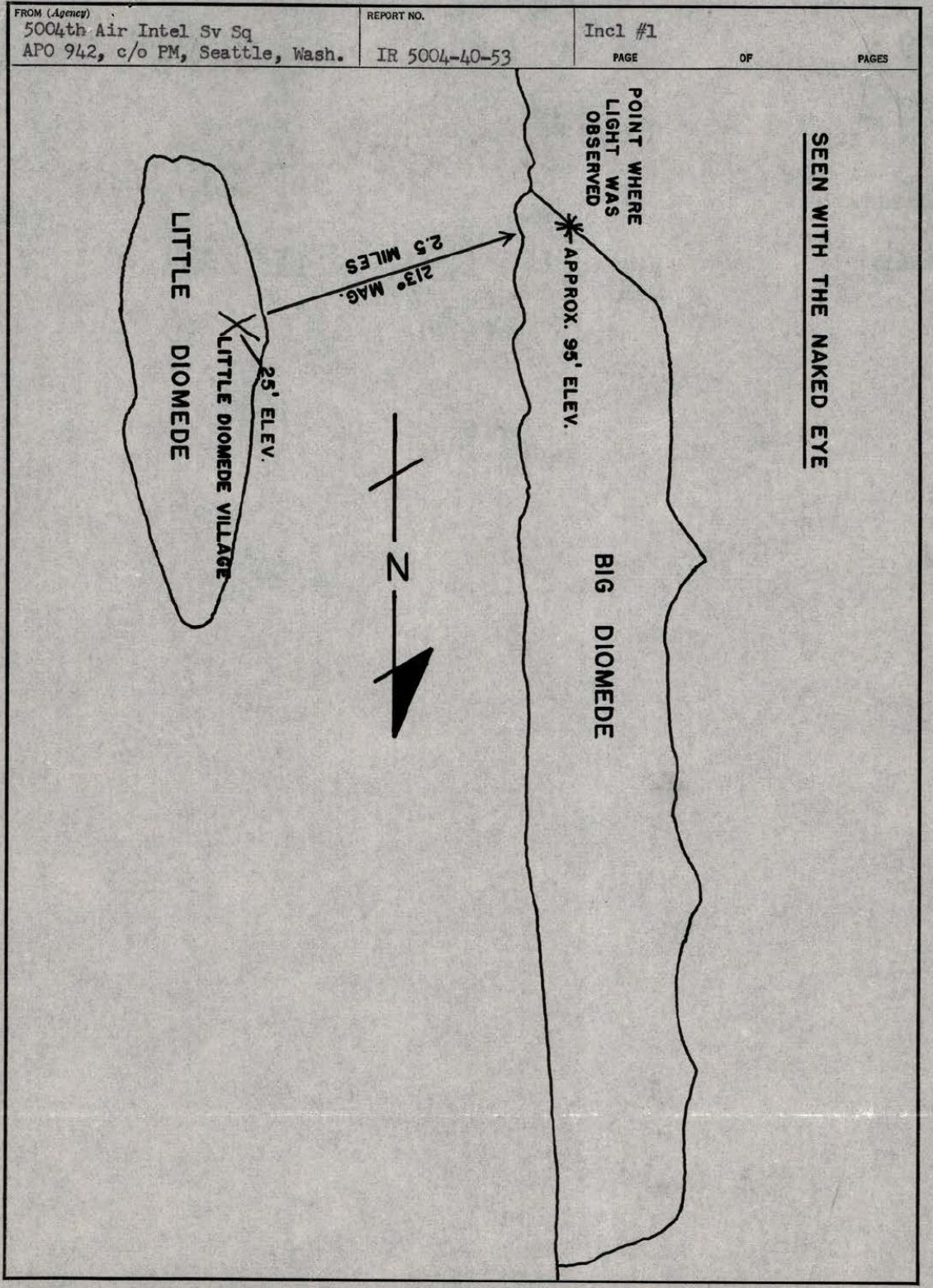 DOW-UAP-D161: "Sketch of Observation" (Inclosure #1 to report IR 5004-40-53, 5004th Air Intelligence Service Squadron), showing Little Diomede and Big Diomede islands. An arrow labelled "2.5 MILES" and "213° MAG." runs from Little Diomede Village (25 ft elevation) to the "POINT WHERE LIGHT WAS OBSERVED" on the southern tip of Big Diomede, marked "APPROX. 95' ELEV." and "SEEN WITH THE NAKED EYE"; October 1953.